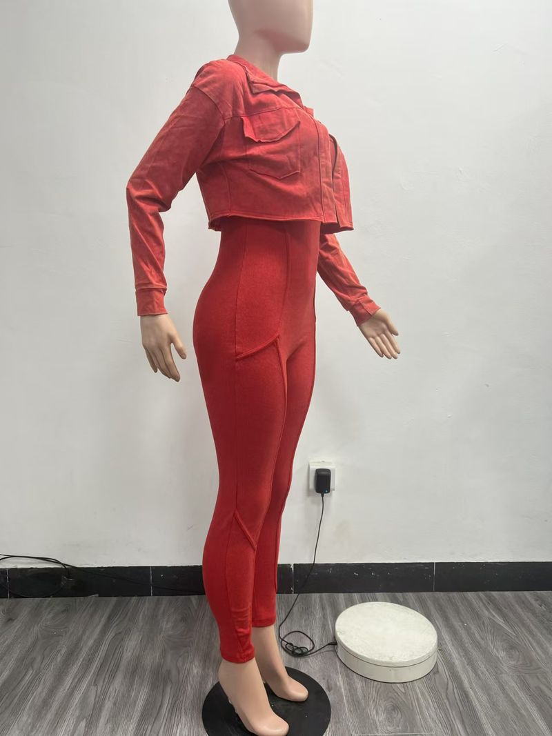 Combinaison deux pièces décontractée délavée à l'acide pour femme, couleur frite, effet vieilli_voghion.com