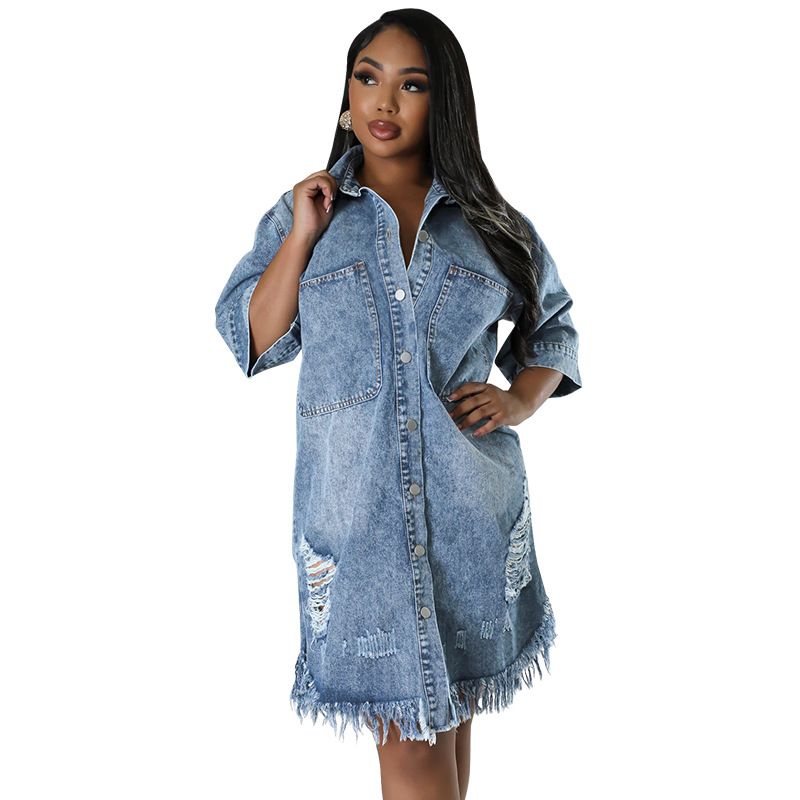 Plus-size Women's New Denim Ripped Fringed Short-sleeved Collar Dress_voghion.com