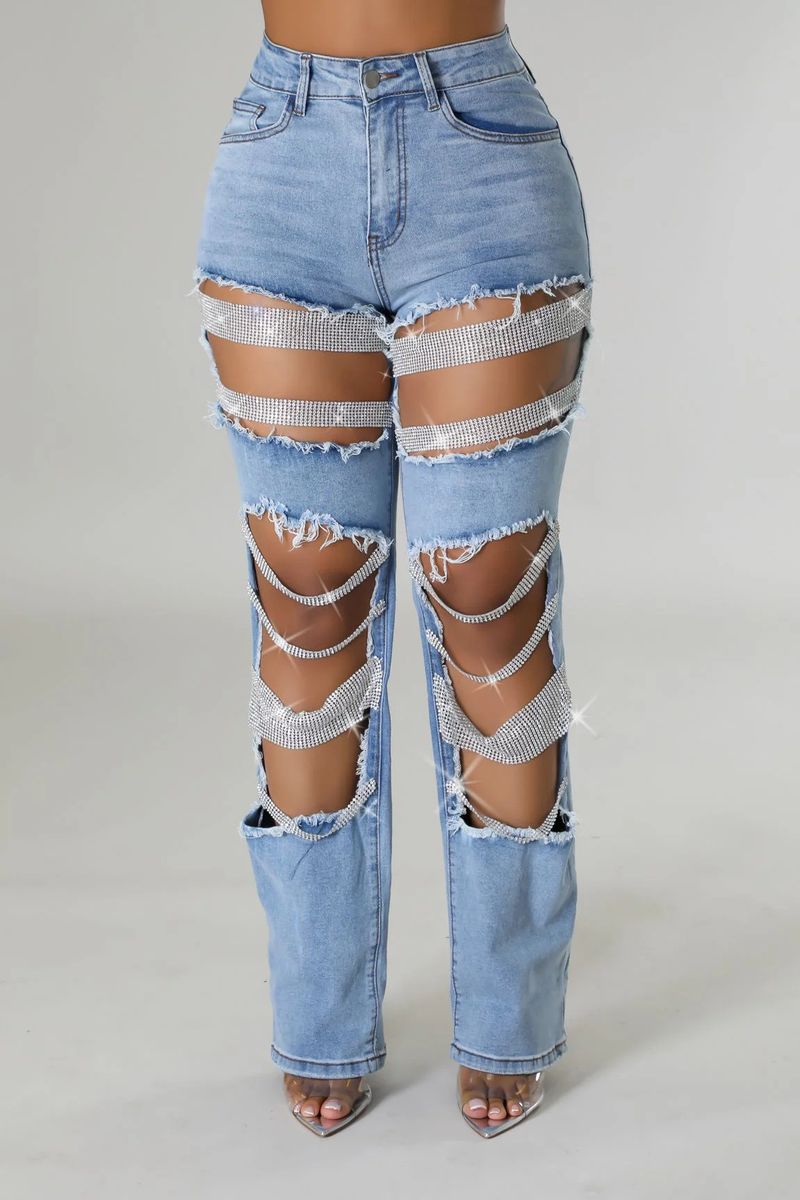 Women's Clothing Hot Girl Summer Pants Holes Heavy Beaded Beaded Stretch Jeans Trousers Women Jeans_voghion.com