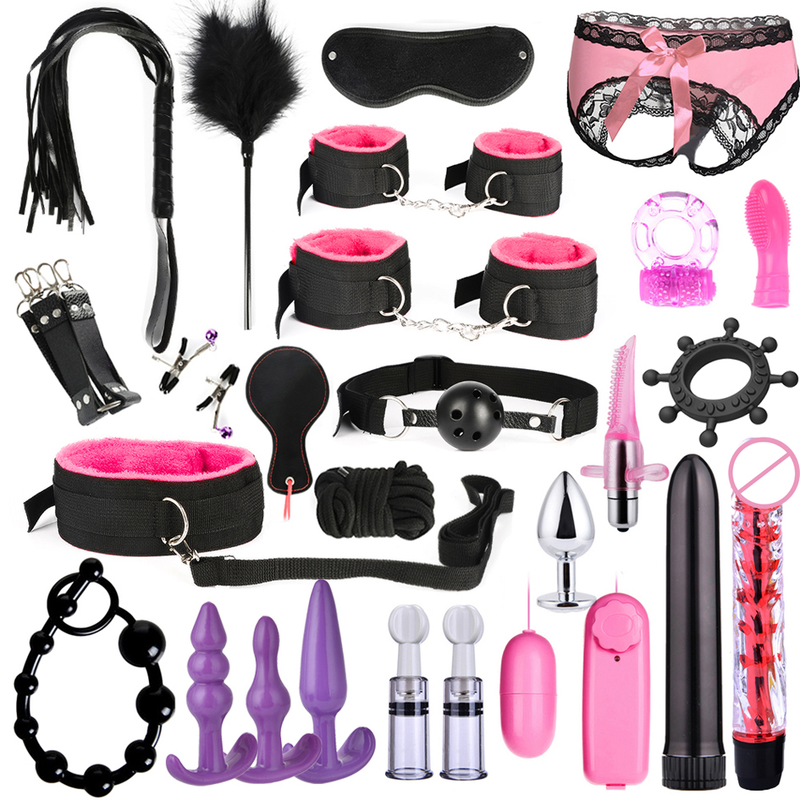 Bondage 13/15/17/26 pezzi Kit di contenimento BDSM Vibratore a proiettile Manette Frusta Bavaglio per bocca Pallina anale Plug anale Adulto_voghion.com