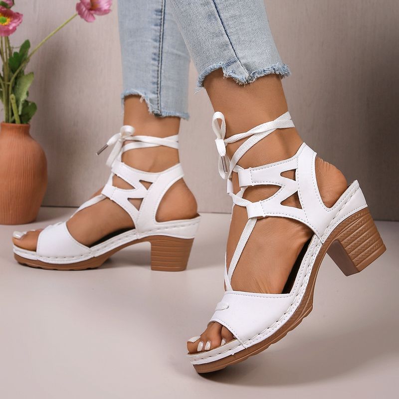 Plus Size Chunky Heel Spring Summer New Hollow Peep Toe Flower Buckle Casual Women's Sandals Strappy_voghion.com