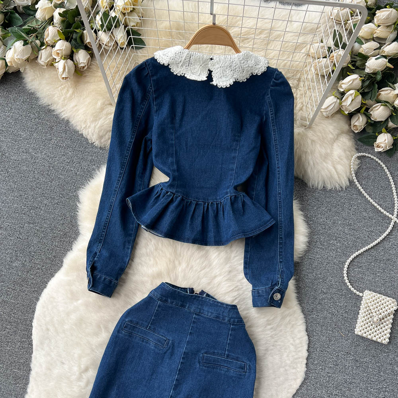 Women's Lace Doll Collar Denim Jacket + Medium-length Hip Skirt Two-piece Suit_voghion.com