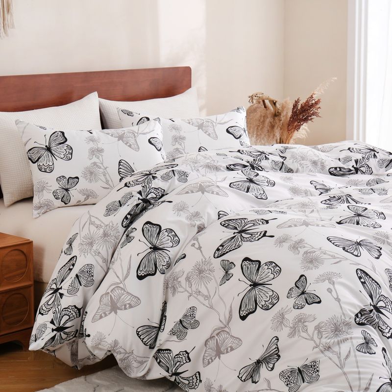 Čiernobiela obliečka na paplón s obojstrannou potlačou motýľov, trojdielna súprava z mäkkého polyesteru - textúra frézovaného zamatu_voghion.com