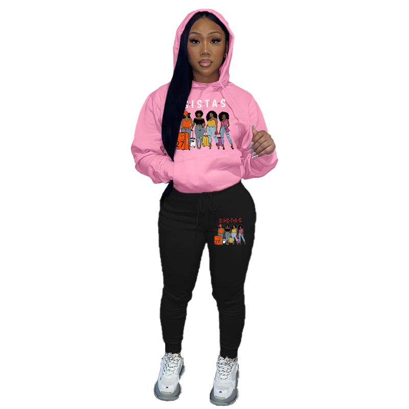 Women's casual printed tracksuit with fleece hoodie two-piece hoodie_voghion.com