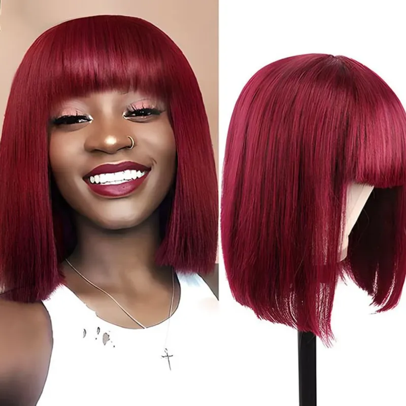 Braziliaanse pruik van echt haar met pony Remy steil haar Bob pruiken Volledig machinaal gemaakte pruik voor vrouwen 8-14 inch Lijmloze bob pruiken_voghion.com