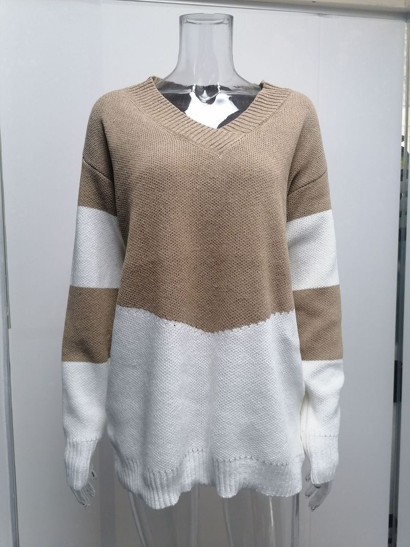 Pull ample à col en v pour femme, pull ample avec couleurs contrastées, automne et hiver_voghion.com