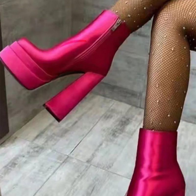 Sexy women's short boots Square head double waterproof platform high chunky heel side zip women's fashion show boots_voghion.com