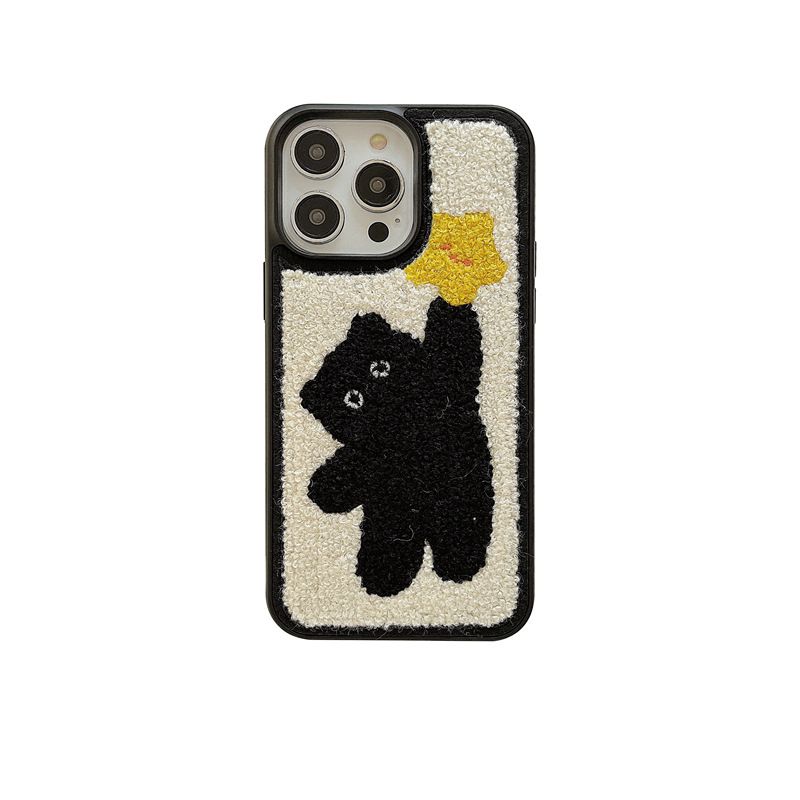 Custodia in peluche con stella ricamata e piccolo gatto nero compatibile con iPhone 15 Pro Max 16, 13, carina, 12, per donne e 14 anni_voghion.com