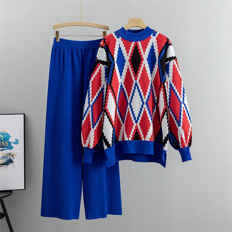 Lockerer Rautenpullover für Damen, zweiteiliger Anzug, gestrickte Hose mit weitem Bein_voghion.com
