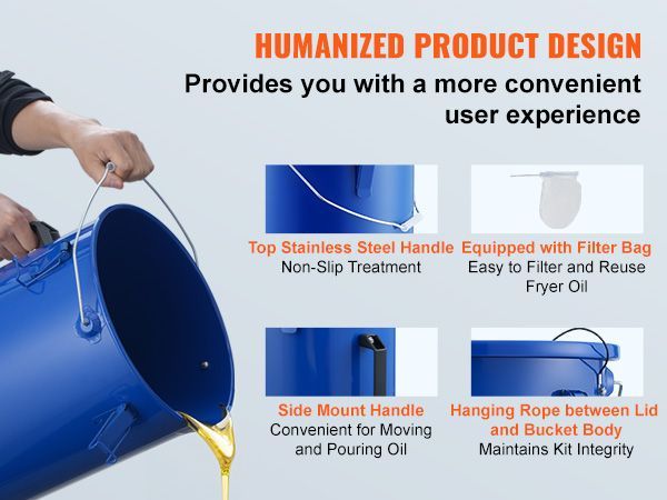 VEVOR Fryer Grease Bucket, 6 Gal Oil Disposal Caddy Carbon Steel Fryer Oil Bucket With Rust-Proof Coating, Oil Transport Container With Lid, Lock Clips, Filter Bag For Hot Cooking Oil Filtering, Blue_voghion.com