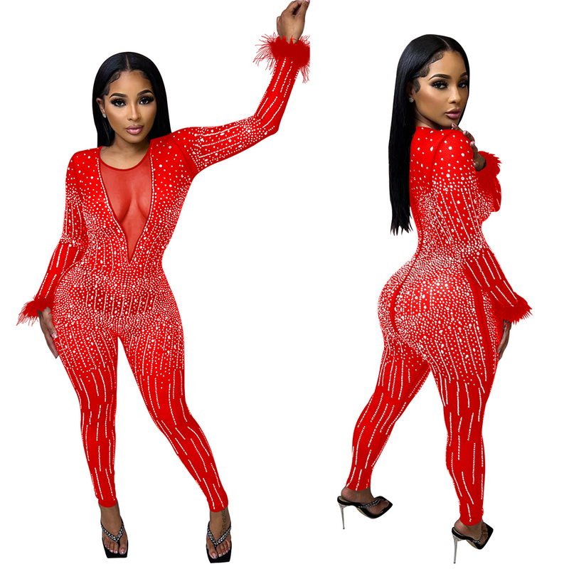 Damenbekleidung Mesh Mesh Hot Diamond V-Ausschnitt Langarm Feder Lang Bibliothek Jumpsuit_voghion.com