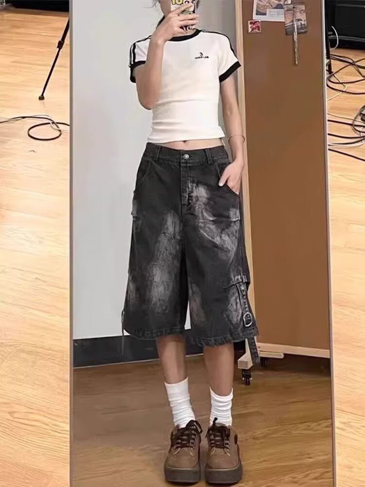 Tie-Dye Denim Men Summer American Style Loose Five-Point Pants High Street Elastic Waist Casual Mid-Length Shorts_voghion.com