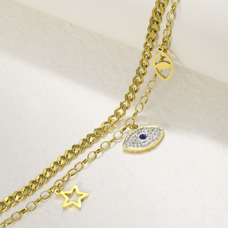 Diamond-encrusted Zircon Devil's Eye Double-layer Necklace Female Personality Versatile Stainless Steel Gold-plated Bracelet_voghion.com