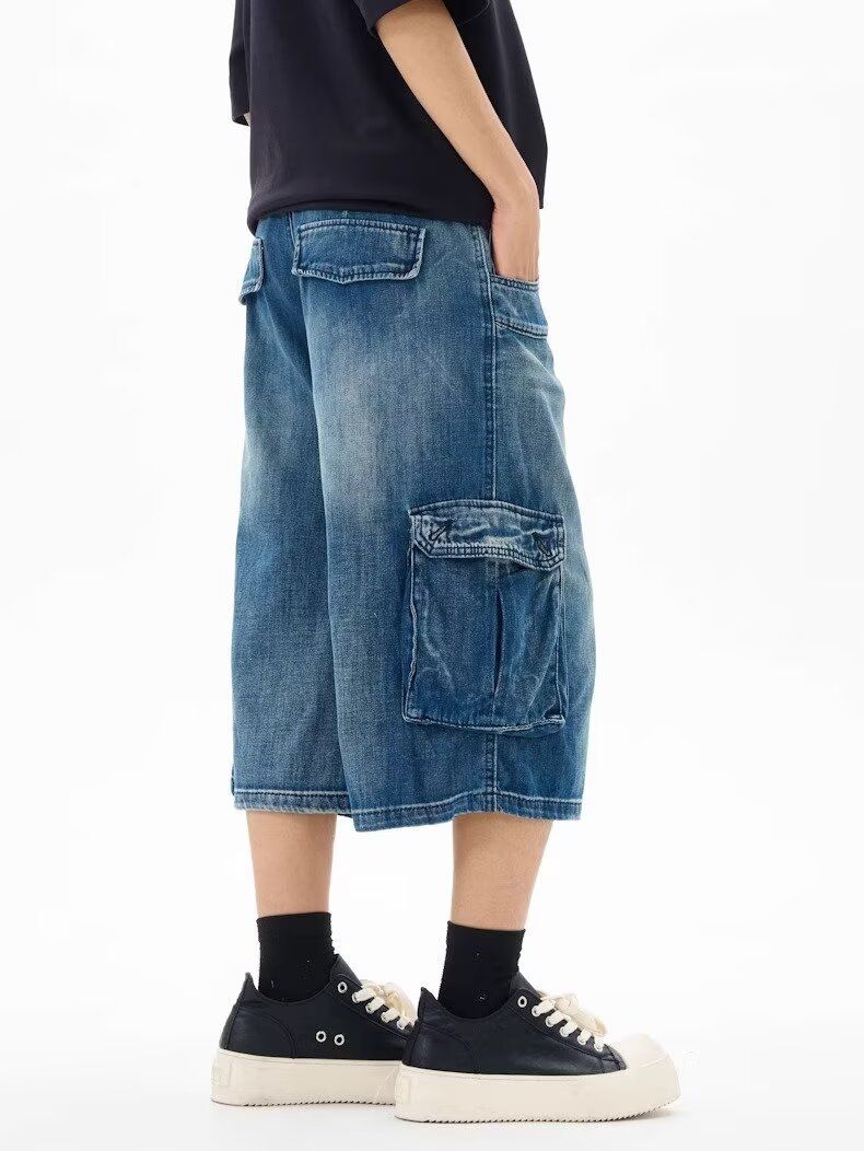 Summer New American Style Loose Fit Three-Dimensional Pocket Capri Pants Unisex Cargo Denim Shorts Versatile Slimming_voghion.com