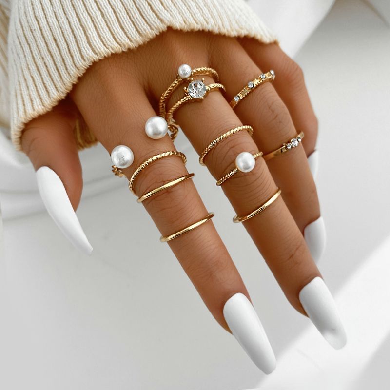 Ready Stock 8 Teil/Set Retro Böhmen Kreis Zirkon Perle Set für Frauen Elegante Vintage Herz Stern Geometrische Ring Modeschmuck_voghion.com