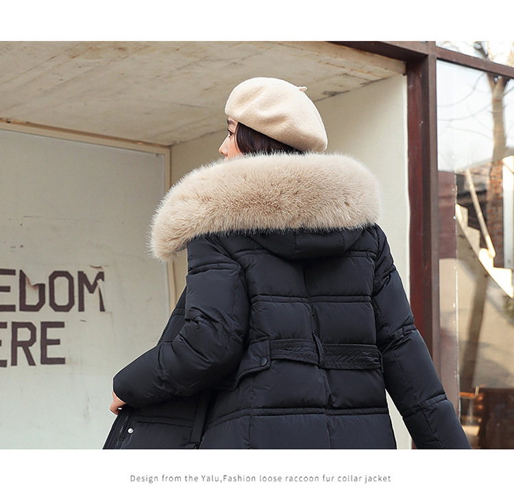 Dámské zimní oblečení, nová teplá bunda, prošívaný kabát pro ženy, dlouhý nad kolena, velký kožešinový límec, zeštíhlující pásek, bavlněný kabát_voghion.com