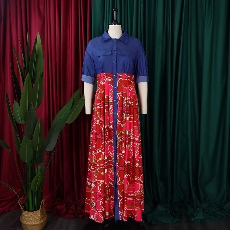 C8551 Herbst Und Winter Neue Große Größe Damenmode Casual Denim Spleißen Gedruckt Langen Rock Große Schaukel Außenhandel_voghion.com