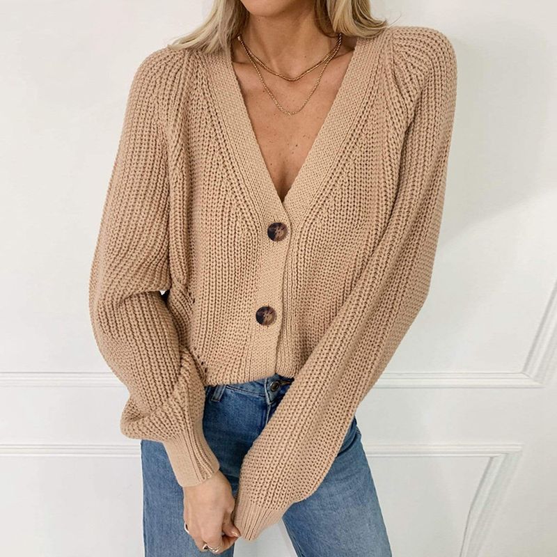 Suéter cárdigan de punto de otoño para mujer: abrigo abierto con cuello en V suave y botones delanteros, mangas farol holgadas, ropa informal y de oficina versátil._voghion.com