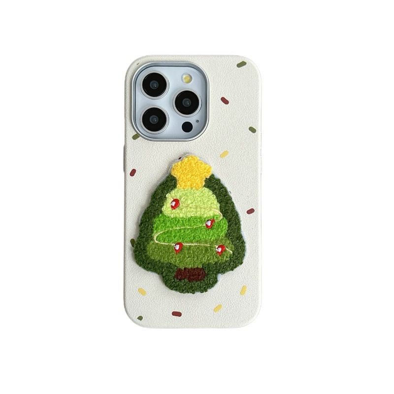 Leather Texture Embroidered Christmas Tree Case For IPhone 16 Pro Max, 15, 14, Autumn And Winter_voghion.com