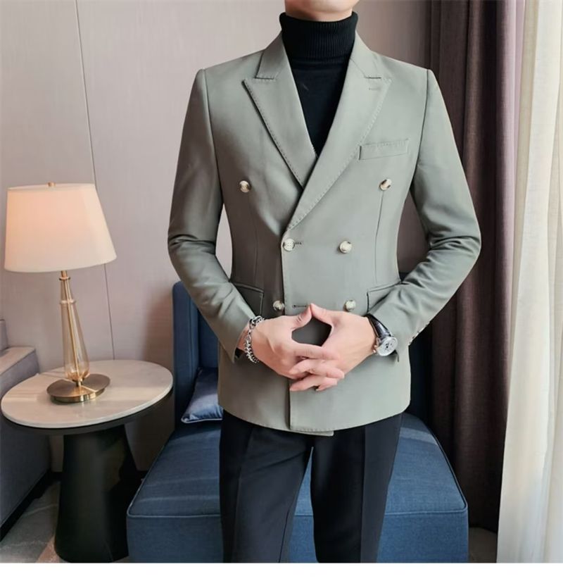 Dubbelrijs Casual Pak Jas Voor Heren Blazers Lente Herfst High-end Brits Zakelijk Trendy Afslankend Glad Silhouet_voghion.com