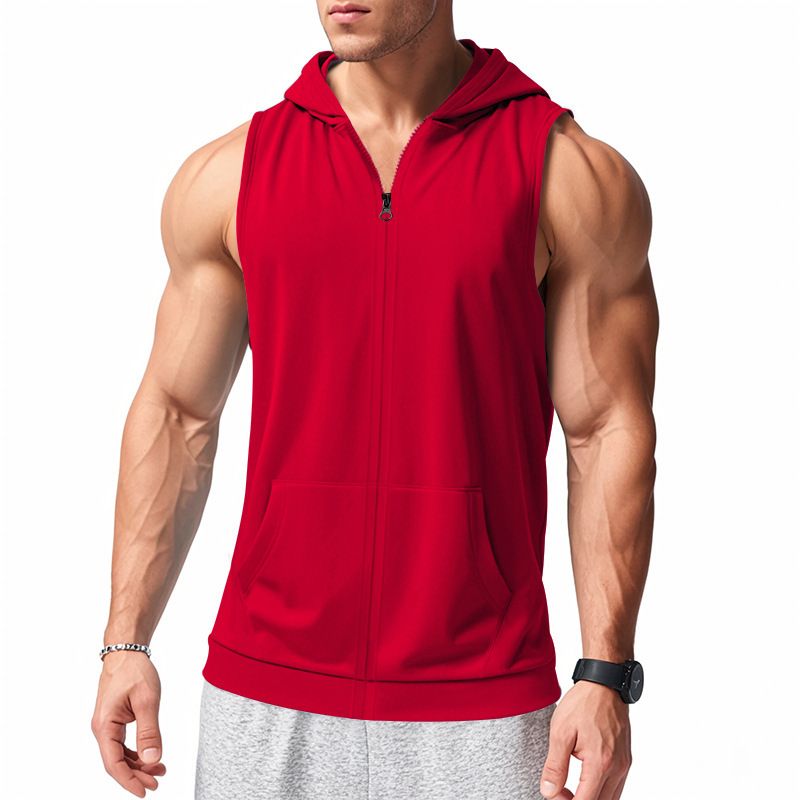 Herren Sommer Unterhemd mit Kapuze Sport Fitness Training Reißverschluss Strickjacke Ärmellose Weste Tops_voghion.com