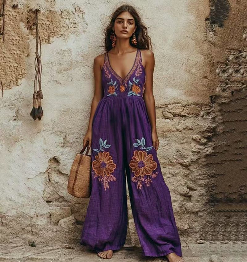 Women's Clothing Summer New Retro Printed Floral Cotton And Linen Suspenders Wide Leg Jumpsuit Trousers_voghion.com