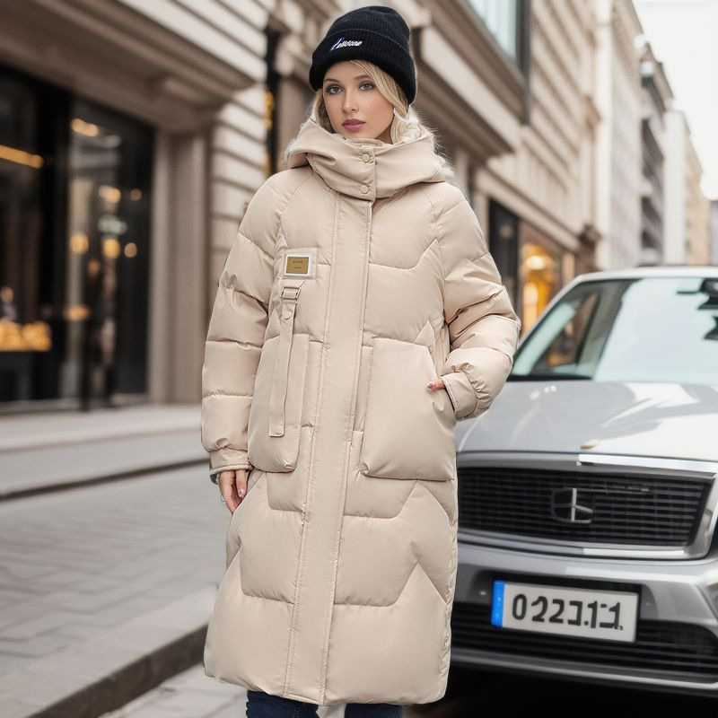 Damen Steppjacke mit abnehmbarer Kappe, mittellang, über dem Knie, verdickte warme Jacke_voghion.com