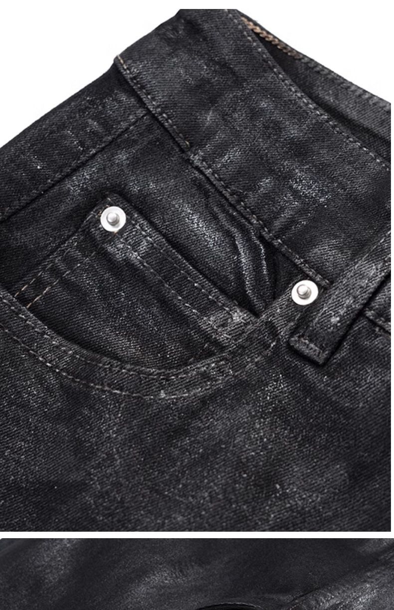 Men's Clothing new niche dark wax coating ribbon slightly elastic wide leg flared mopping piled denim trousers trend_voghion.com