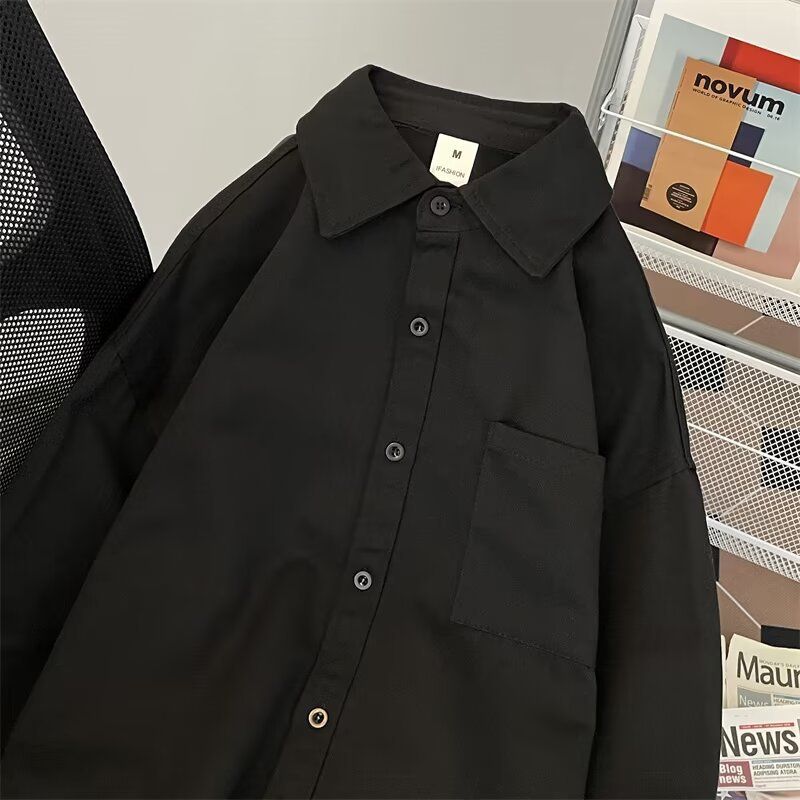 Affärs- och fritids minimalistisk enfärgad oversized långärmad herrskjorta, arbetsskjortopp, 2024 ny kappa_voghion.com