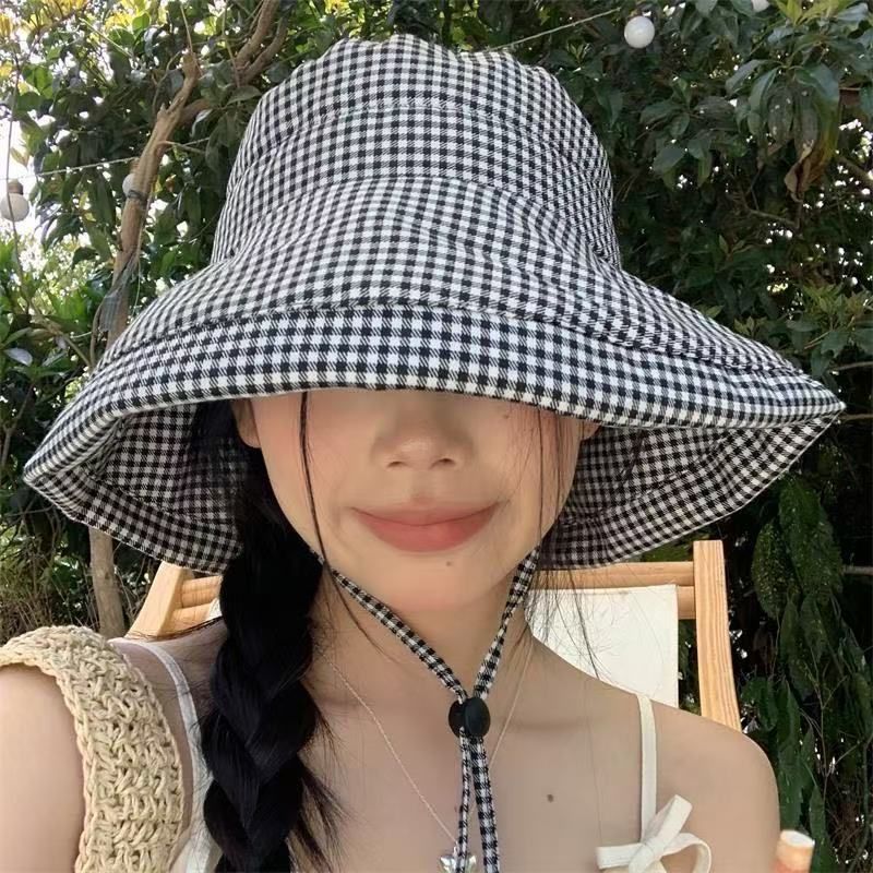 Checkered UPF50+ Fisherman Hat For Women - Summer Wide Brim Sun Hat With UV Protection Fashionable Face Covering Beach Hat_voghion.com