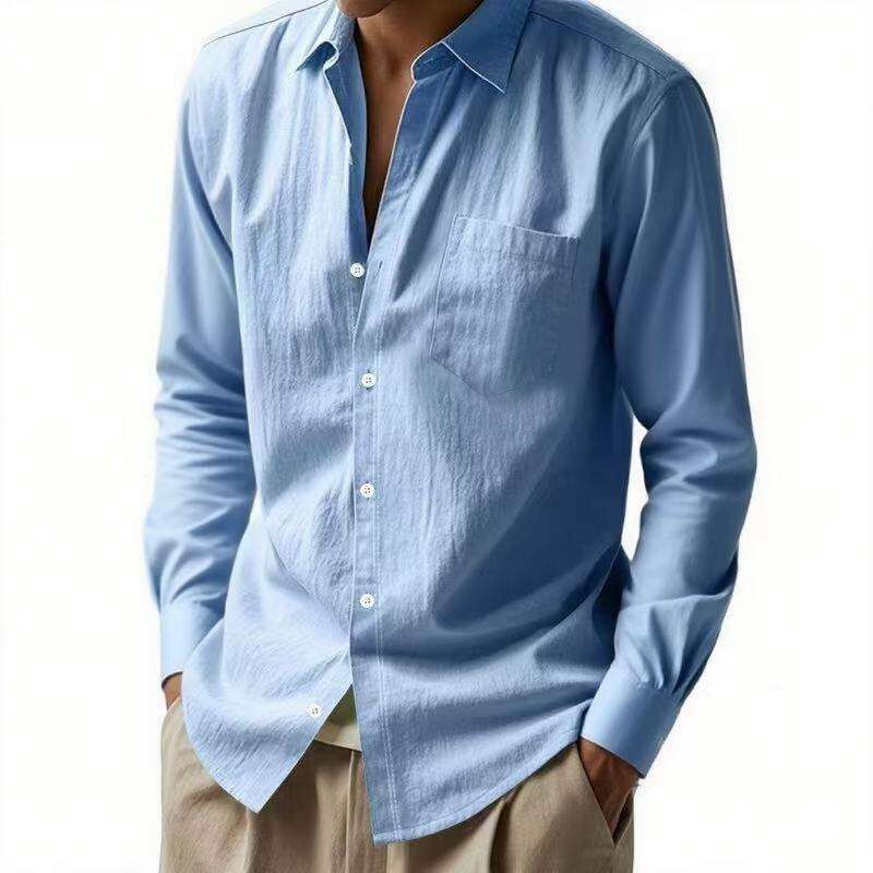 Chemise décontractée en lin pour homme – Chemise boutonnée respirante avec col à revers (blanc/noir/vert kaki/bleu clair, tailles S à XXXL)_voghion.com