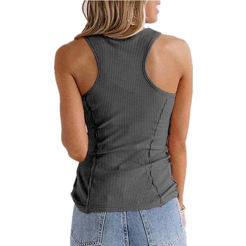 2025 Nuova maglietta senza maniche con bottoni in tinta unita, moda donna_voghion.com