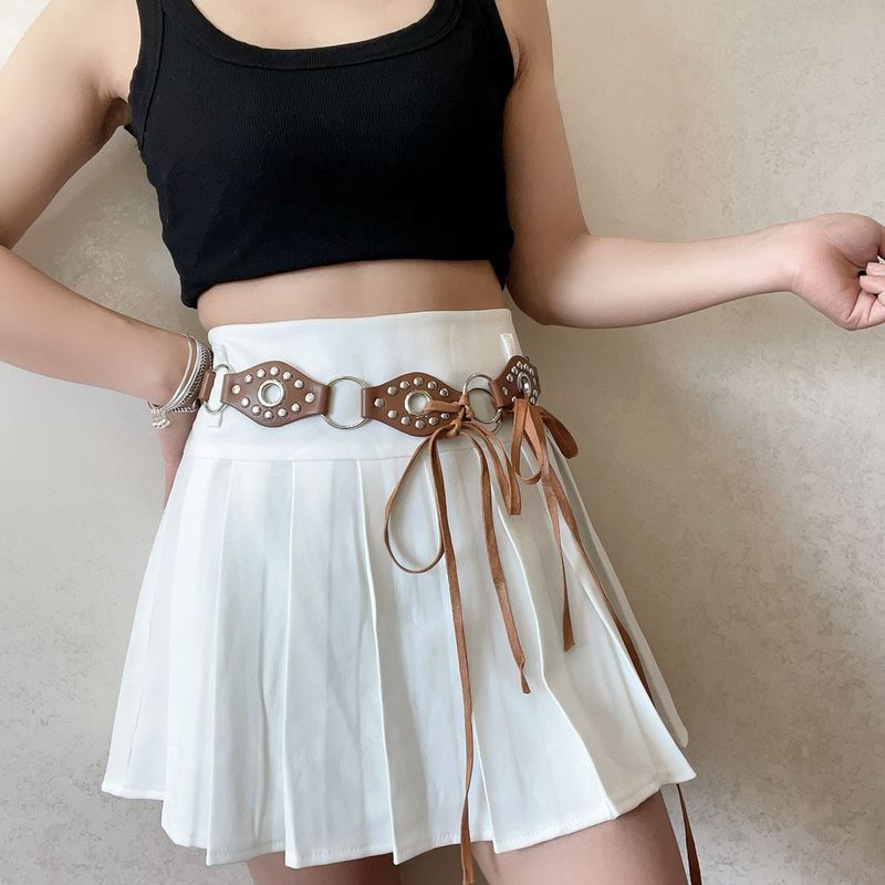 American Style Y2K Spicy Girl Round Ring Leather Patchwork Belt Black Rivet Metal Buckle Design Sense Tie Waist Rope_voghion.com