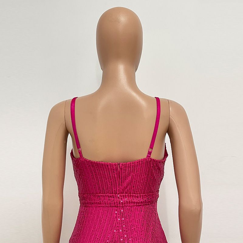 Damen-Overall mit ärmellosem Pailletten-Strapsträger – Glamouröser trägerloser Romper mit verstellbarem Gürtel (Schwarz/Weiß/Champagner, S-XXXL)_voghion.com