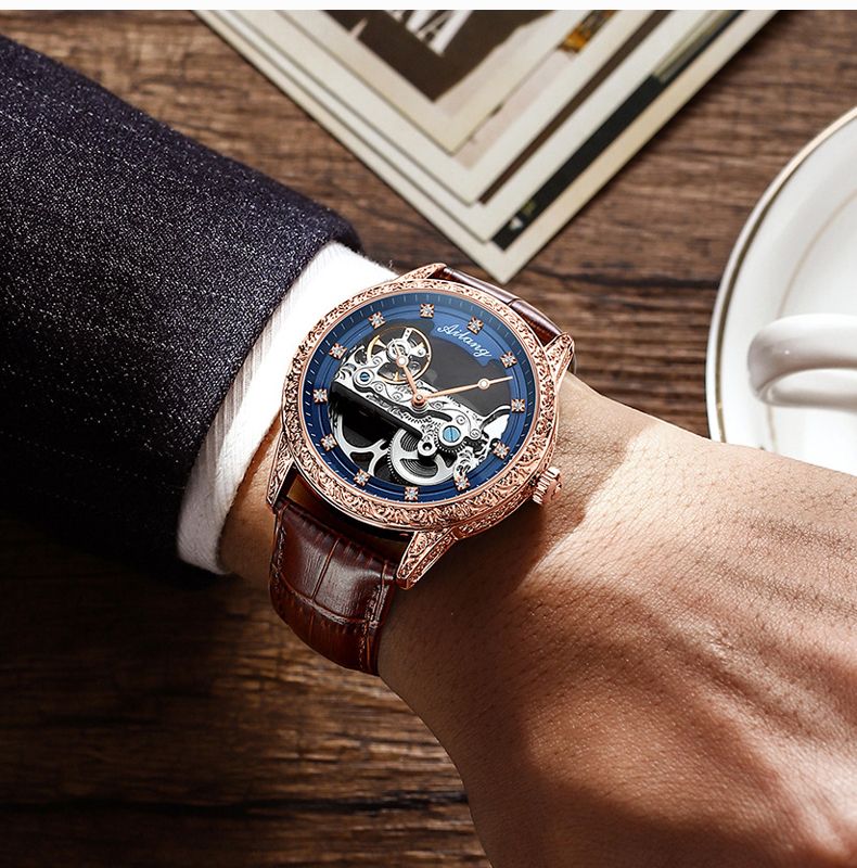 AILANG Orologio meccanico scheletrato da uomo con cinturino in pelle, impermeabile, trasparente, di lusso, automatico, tourbillon, orologi da uomo_voghion.com