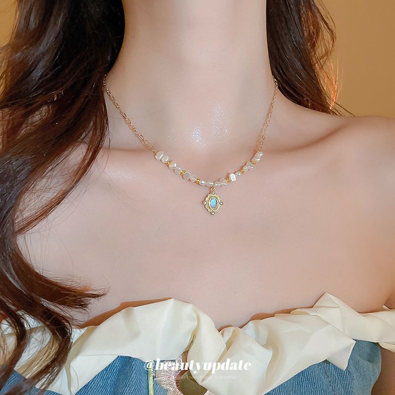 Franse hofstijl maansteen parelketting High-end mode lichte luxe sleutelbeenketting veelzijdige choker_voghion.com