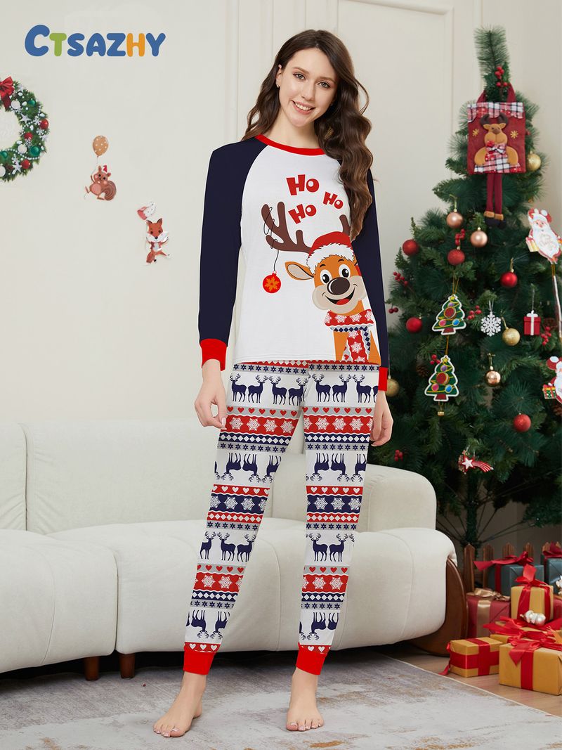 Europäische und amerikanische Eltern-Kind-Heimkleidung. Neues Weihnachtshirsch-Eltern-Kind-Set für vier- oder fünfköpfige Familie. Rundhalsausschnitt, langärmliger bedruckter Pyjama_voghion.com