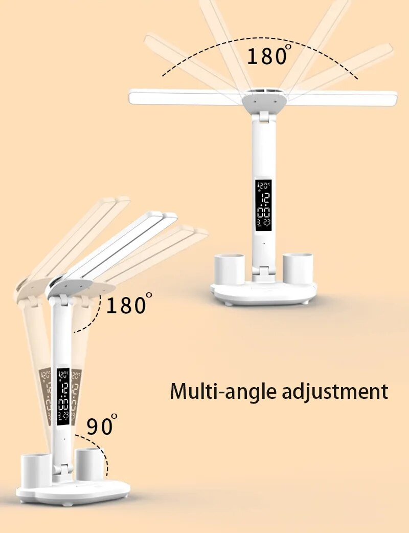 Table LED Double-headed Multifunction Foldable Touch With Calendar Clock USB Desk Lamp For Bedroom Bedside Reading Light_voghion.com
