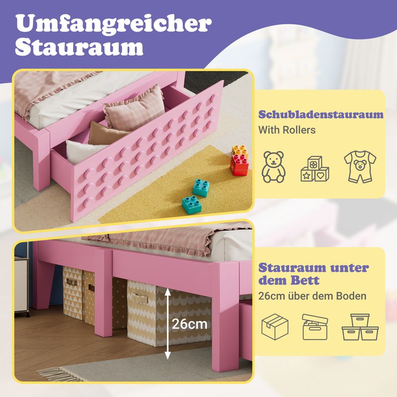 Holzbett 90x190cm Mit Blockdesign, Massivholz, Schubladen, Stauraum, Rosa_voghion.com