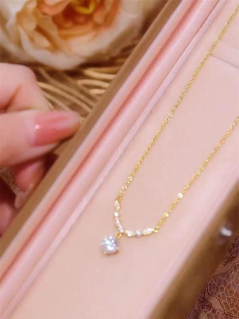 Women Shiny Zircon Pendant Necklace Unique Design Bling Collarbone Gold Chain Jewelry_voghion.com