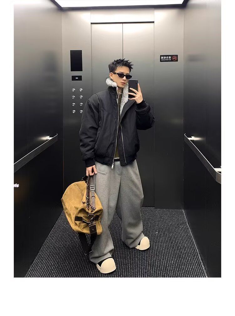 Herbstliche amerikanische Fliegerjacke mit Bergadler-Pelzkragen, gefüttert mit Baumwolle, Winterjacke mit dicker Verarbeitung_voghion.com