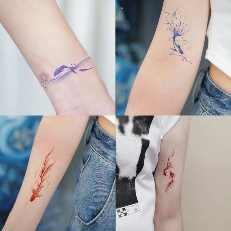 Tatouage autocollant de poignet personnalisé, motif poisson rouge, coloré, imperméable et durable, motif fleur, pour bras, doux, cool et épicé, pour fille_voghion.com