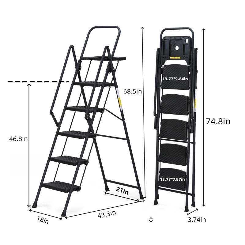 5-step Ladder, Foldable Step Stool With Tool Tray And Wide Non Slip Pedals, Sturdy Steel Ladder, Convenient Handrails, Lightweight Portable Steel Step Stool_voghion.com