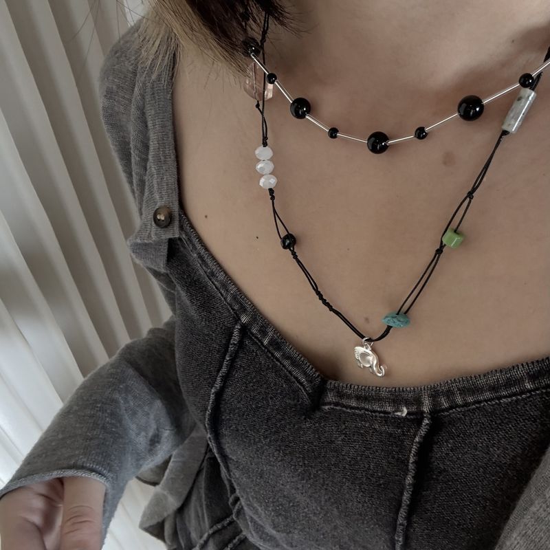 Elephant Pendant Necklace Female Hand-woven Colored Natural Stone Neck Chain Light Luxury Niche New Chinese Beaded Sweater Chain_voghion.com