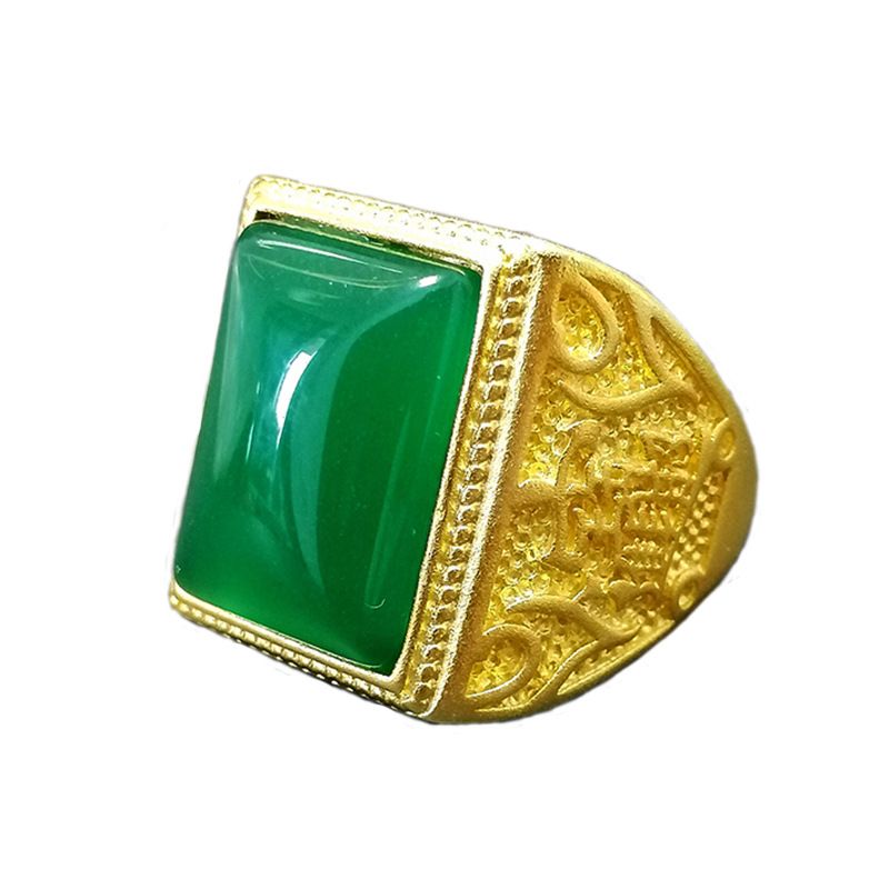 Anello da uomo in polpa di giada verde con pietra quadrata, tirando le dita per ricchezza e tesori, anello vivente_voghion.com