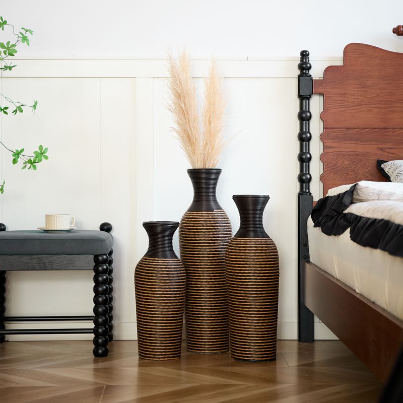 3-piece Set Of Beige+black Decorative Floor Vases, Classic And Neat Floor Vases With High Independent Flower Racks, Artificial Vine Vases, PVC Floor Vases, Home Decoration Flower Racks_voghion.com