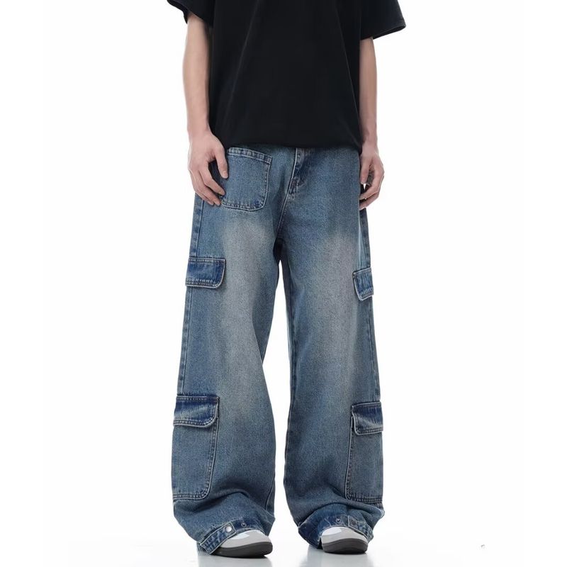 Pantaloni casual a gamba larga da strada, jeans cargo blu dritti lavati multitasche americani_voghion.com