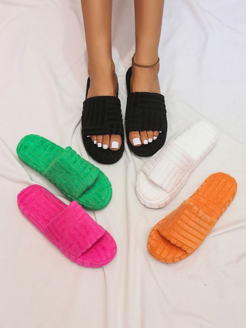 Women's one word thick bottom solid color towel fabric woolly slippers_voghion.com