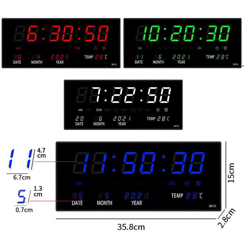Orologio da parete digitale luminoso con sveglia, suoneria oraria, temperatura, data, calendario, orologio da tavolo, orologio elettronico a LED, decorazione con spina_voghion.com