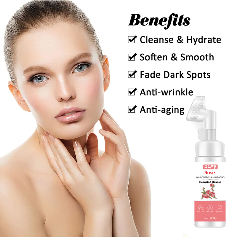 Mousse alla rosa BUPY Rinfrescante Controllo olio Pulizia Trucco Rimozione idratante Latte detergente viso 2024_voghion.com